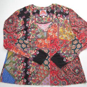 Johnny Was JWLA Womens Sz L Colorful Patchwork Print Top Tunic Boho Floral Long